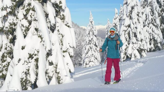 LOW ANGLE, CLOSE UP: Athletic woman on splitboarding trip in Slovenian mountains is treading fresh powder snow. Fit Caucasian female tourist hikes up a glistening snowy meadow during winter vacation.