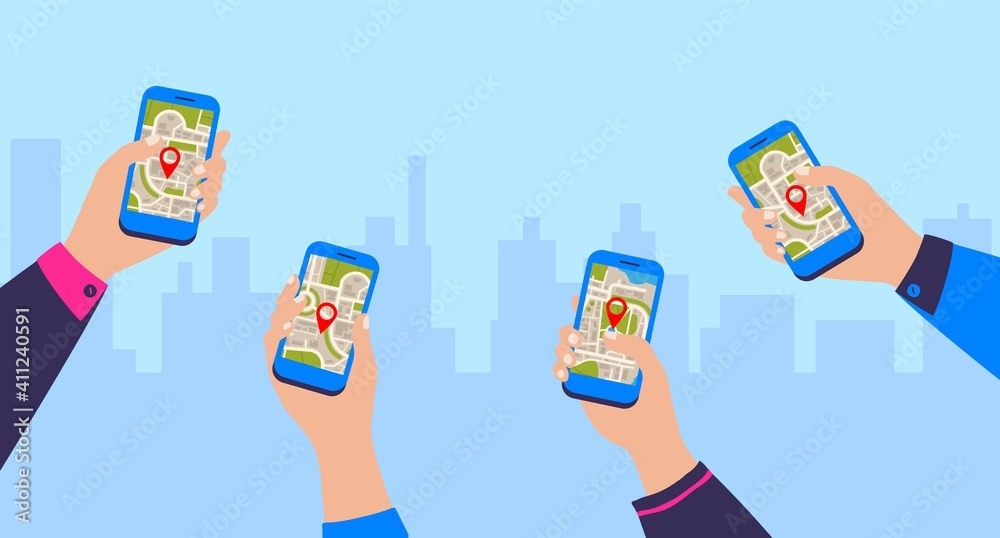 Poster GPS navigation app. Mobile navigational application. Cartoon hands holding smartphones on cityscape background. Modern online map service. Determining location and path in city, vector illustration