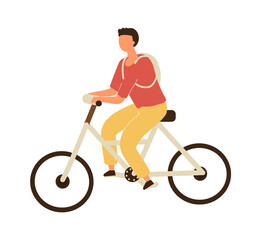 Obraz premium Man riding on bicycle. Vector male character in casual clothes and backpack on bike, healthy leisure lifestyle and eco vehicle, sports activity in park, flat cartoon isolated on white illustration