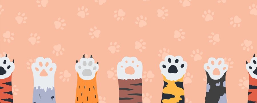 Cat paws seamless wallpaper. Cartoon funny kittens claws and feet. Cute limbs of wild or domestic animals on colorful background with pet tracks. Childish horizontal pattern, vector border for textile