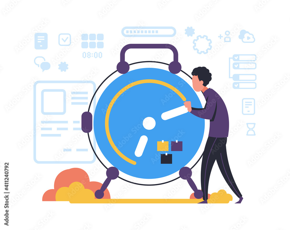 Aufkleber Organizing task and schedule planning. Time management concept. Minimal clock and man making plan of work. Effective workflow and productivity multitask job. Vector optimization business processes