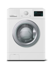 Washer. Realistic domestic electronic device. 3D household appliances for cleaning laundry at home. White automatic machine washes garment with water and detergent. Vector modern housework equipment