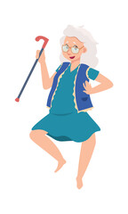 Funny happy senior female. Cartoon old dancing woman. Cheerful grandmother active moving. Gray-haired pensioner with walking cane. Adult character leisure pastime. Vector granny lifestyle illustration