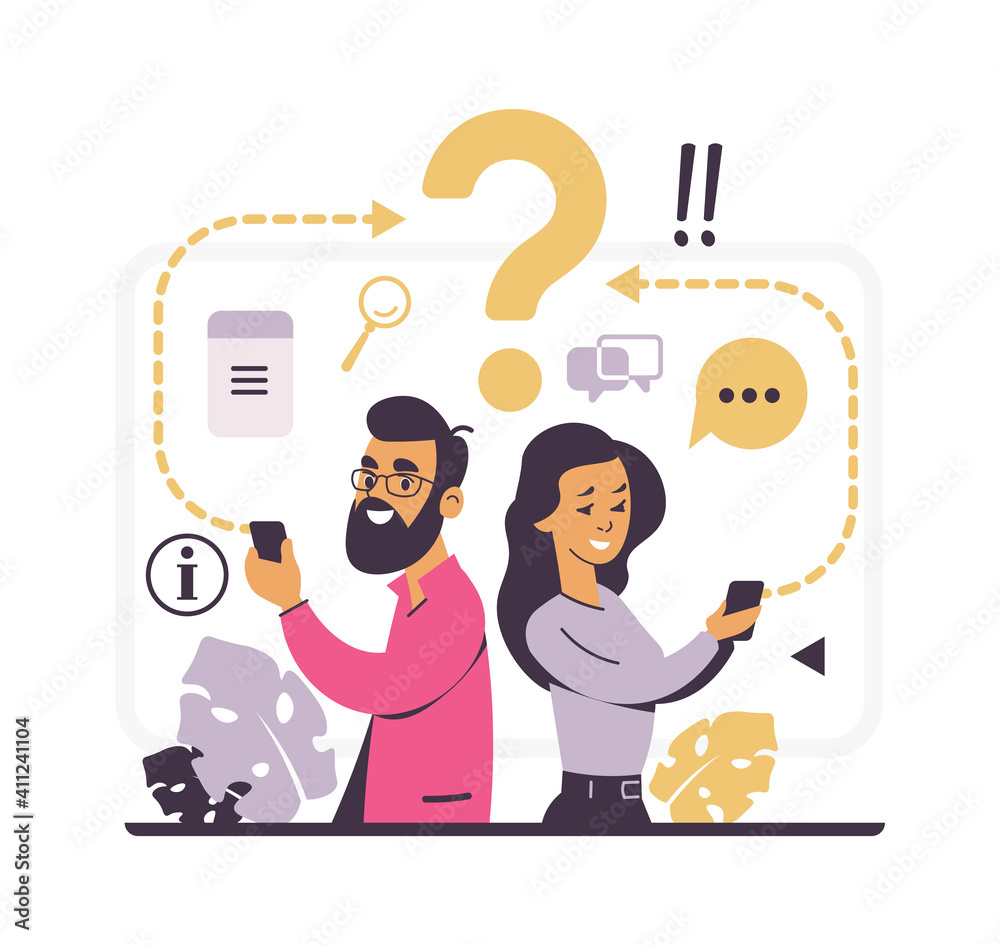 Poster customer support and forum question metaphor. faq concept. people write about problems to online ass