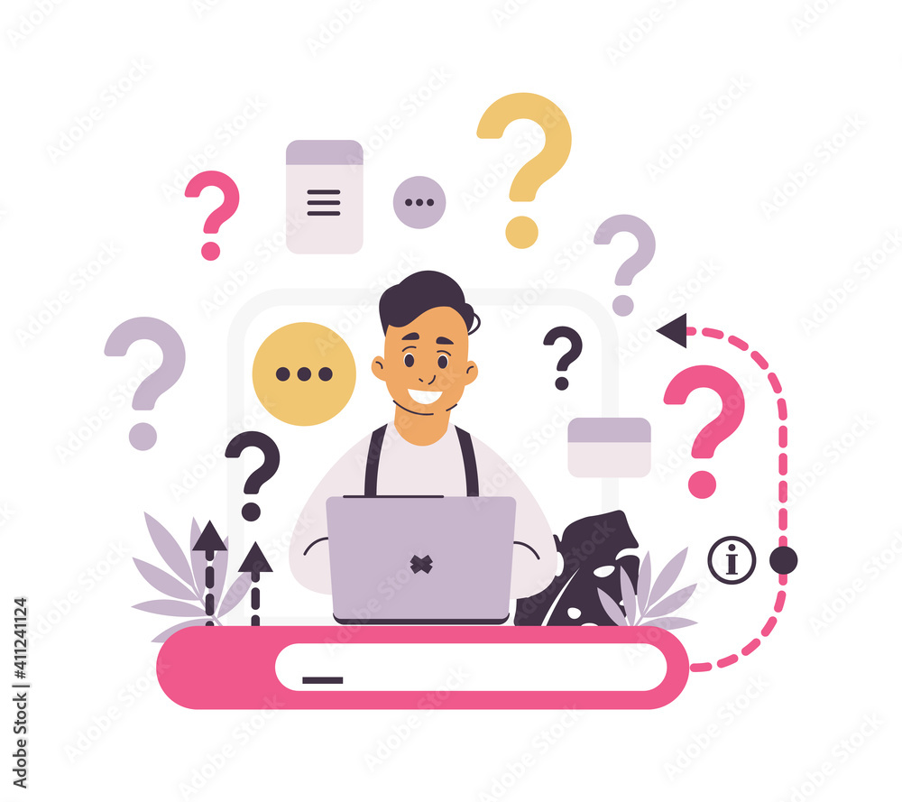 Aufkleber Customer support. FAQ concept. Chat for asking frequently questions. Helpful information and online communication. Web service with answers for clients and confused users. Vector internet helpdesk