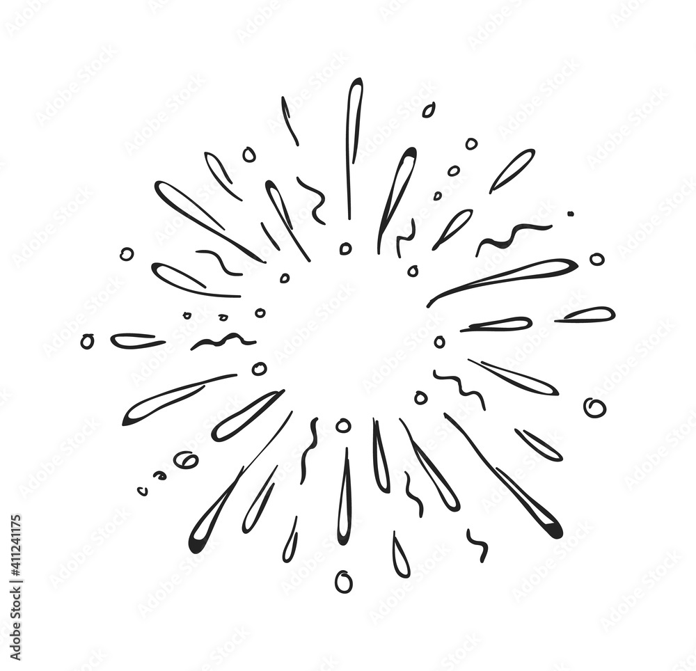 Poster Doodle starburst. Hand drawn explosion. Outline splash with drops. Black and white sketch. Contour firework or isolated star light. Decorative simple round frame. Vector minimal diverging sunbeams