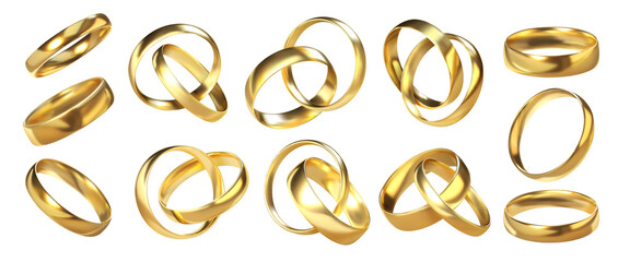 Ring pairs. 3D golden wedding shiny accessories. Realistic marriage or engagement glossy jewelry. View from different sides on isolated traditional jewels. Gold bijouterie, vector symbolic objects set