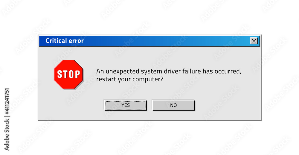 Fototapete Old computer window. Popup critical error. System reboot request. Classical design of program notification with buttons. Electronics software bug. Warning information. Vector retro pixel illustration