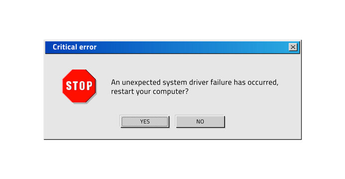 Old computer window. Popup critical error. System reboot request. Classical design of program notification with buttons. Electronics software bug. Warning information. Vector retro pixel illustration