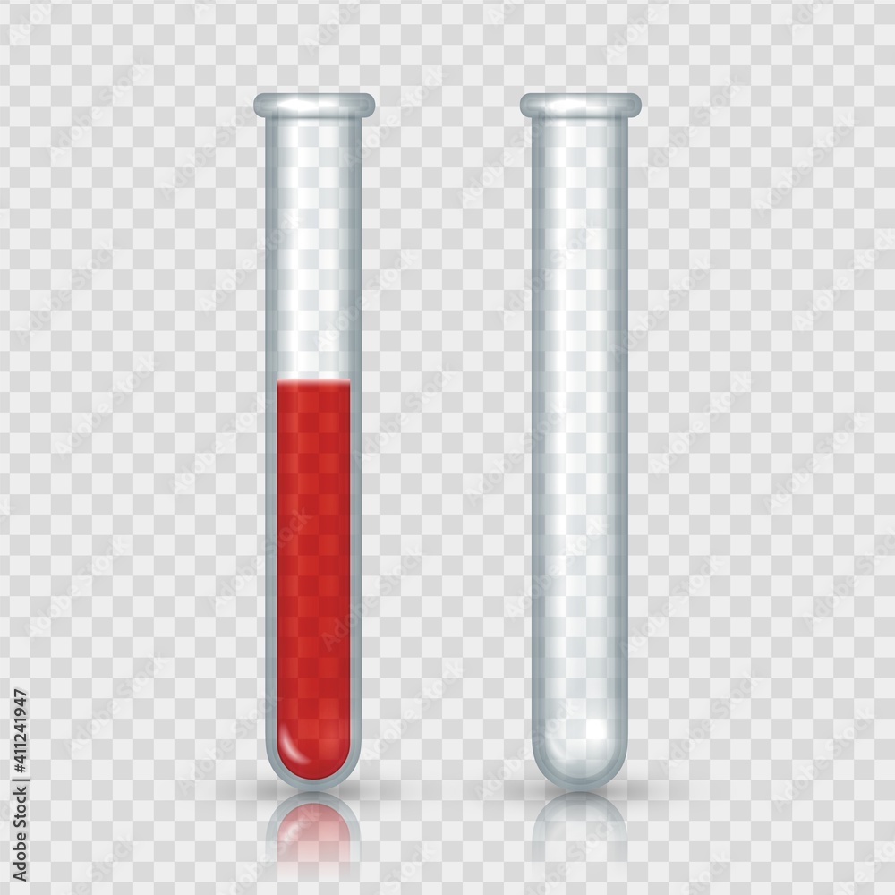 Poster test tubes with blood. realistic laboratory equipment. pair of empty and full glass vials on transpa