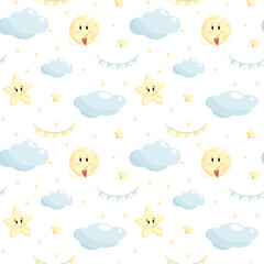Clouds, Moon and Stars. Cute Seamless Pattern, Cartoon Vector Illustration. Sky Background. Perfect for kids apparel, fabric, textile, nursery decoration, wrapping paper.