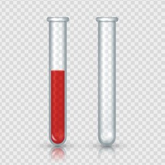 Test tubes with blood. Realistic laboratory equipment. Pair of empty and full glass vials on transparent background. Lab bottle with red liquid. Isolated medical specimen for experiments, vector set