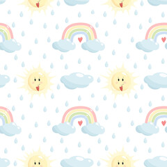 Cute vector seamless pattern of rainbow, clouds, sun and water drops in a cartoon style. Ideal for any children's, children's clothing, to create fun, invitations for birthdays, baby showers, holidays