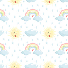 Cute vector seamless pattern of rainbow, clouds, sun and water drops in a cartoon style. Ideal for any children's, children's clothing, to create fun, invitations for birthdays, baby showers, holidays
