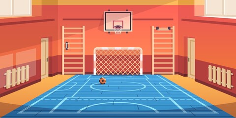 School gym. Gymnasium basketball court and campus soccer arena. Comfortable hall for kids active games and sport exercises. Empty equipped training room with gymnastic equipment. Vector illustration