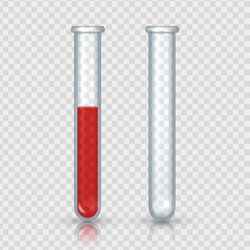 Test Tubes With Blood. Realistic Laboratory Equipment. Pair Of Empty And Full Glass Vials On Transparent Background. Lab Bottle With Red Liquid. Isolated Medical Specimen For Experiments, Vector Set