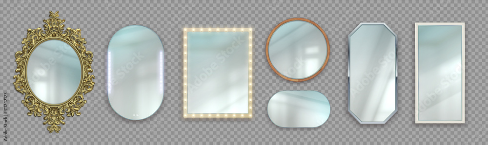 Poster realistic mirrors. 3d round and rectangular reflective surfaces. modern or classic and decorative vi
