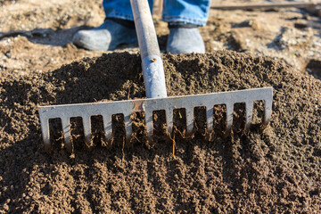 A rake loosens the fertile soil, close-up