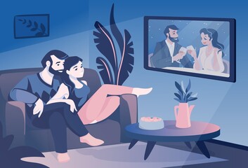 Couple watch TV. Cartoon family sitting on couch and watching television show, smiling husband and wife spend time together. Leisure pastime in evening. Comfortable living room interior. Vector scene