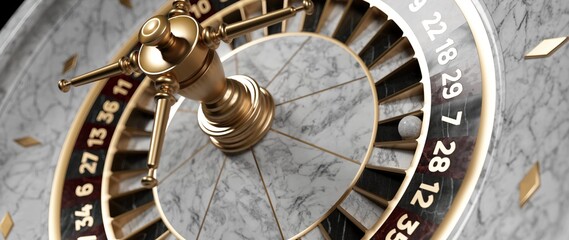 Modern White Marble And Golden Roulette Wheel. Luxury Casino Gambling Look - 3D Illustration