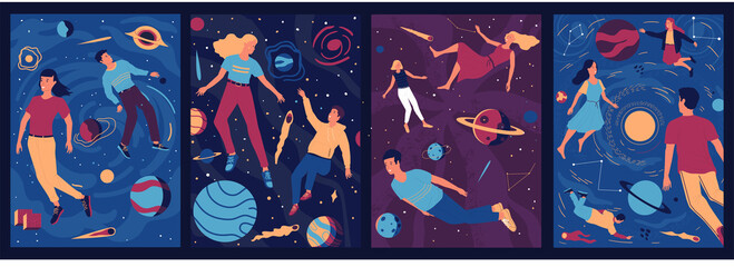 Abstract cosmos posters. People float in outer space with zero gravity. Cute men and women fly around planets and stars. Collection of cosmic psychedelic banners. Vector relaxation for mind expansion © SpicyTruffel