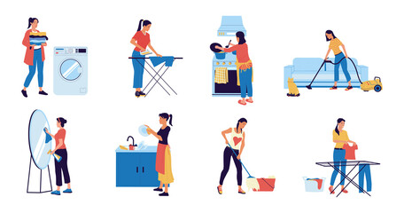 Fototapeta na wymiar Housewife. Cartoon woman doing housework. Young cute female cooking meal, cleaning home with vacuum cleaner, washing and ironing garment. Isolated housekeeping scenes set, vector routine activity