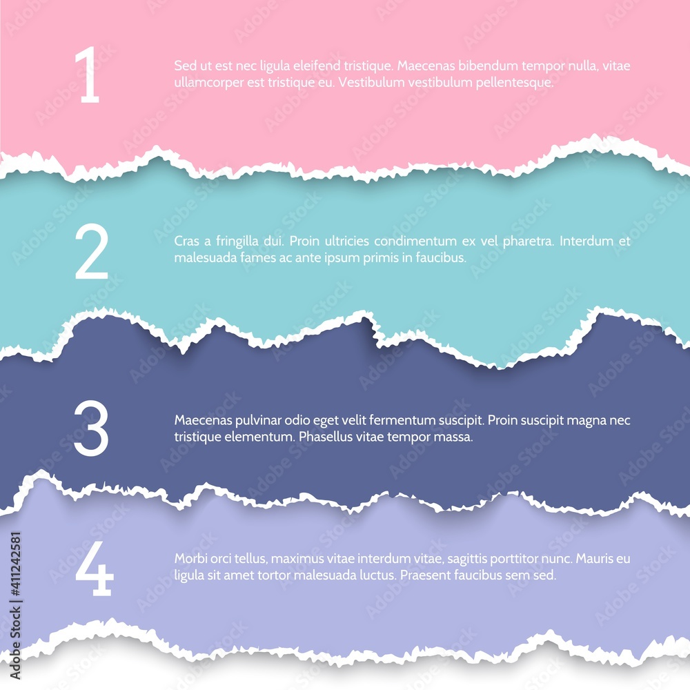 Aufkleber Torn paper banner. Colorful pieces of pages with rip edges. Four steps sequence. Composition of ragged sheets with copy space, lettering and numbers. Vector collage mockup from notepad rough fragments