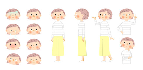 若い女性のイラスト素材（全身＋表情パターンセット）