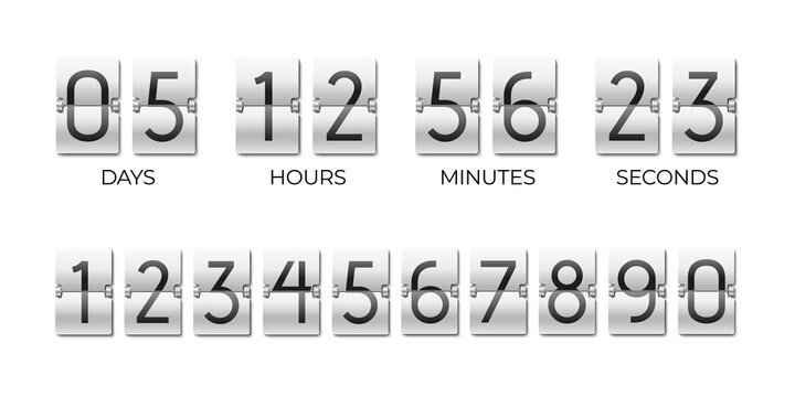 Scoreboard of day, hour, minutes and seconds. Flipboard for time remaining countdown. Number templates for timer constructor kit. Isolated flip clock mockup design. Vector watch with flipping cards