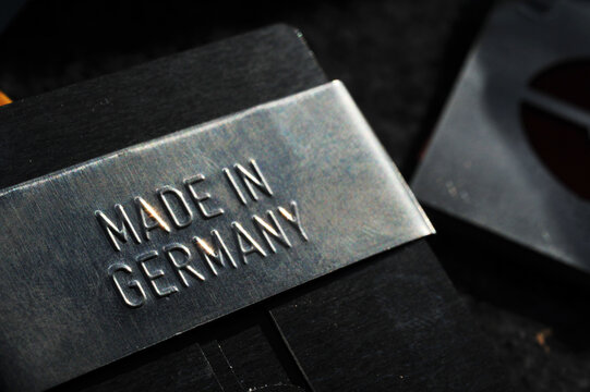 Hamburg /Germany - February 15, 2019: Made in Germany - sign in metal embossed with raised letters - The sign symbolizes good quality and reliability