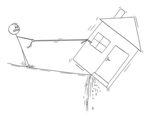 Naklejka premium Man trying to save his house, loam mortgage or dept financial concept, vector cartoon stick figure or character illustration.