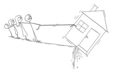 Fototapeta na wymiar Family trying to save his house, loan mortgage or dept financial concept, vector cartoon stick figure or character illustration.
