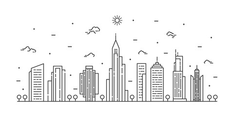 City landscape line art vector. Thin line cityscape with building, clouds, sun. Vector illustration.