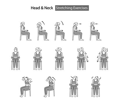 woman sit on chair self stretching exercise, head and neck stretching exercise with arrow direction illustration