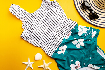 Summer holiday flat lay, Womans accessories on colorful background, Vacation, summer and travel items