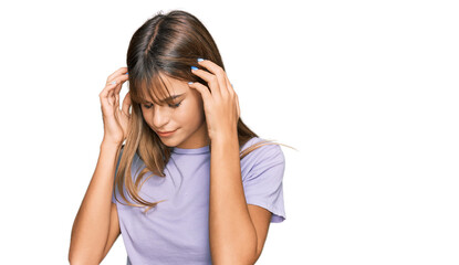 Fototapeta premium Teenager caucasian girl wearing casual clothes with hand on head for pain in head because stress. suffering migraine.