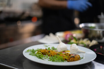 Chicken skew Kebab.Traditional Indian dish cooked on charcoal and flame.