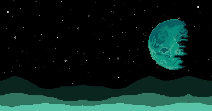 Pixel art space animation. Planet, stars. Pixel art 8 bit vector game