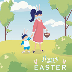 Happy easter scene mom and baby hunt eggs. Easter street events, festival and fair, banner, poster design.