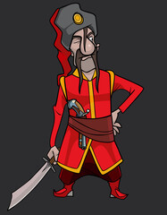 cartoon man in traditional kuban cossack clothes with saber in hand