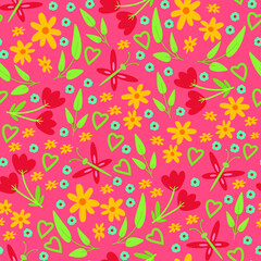Seamless pattern background with spring floral elements in simple flat hand drawn style. Vector wallpaper on pink background. Flowers, leaves, hearts. Easter, 8 march wallpaper design. textile design