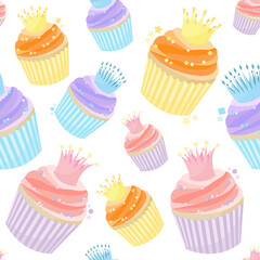 Pattern of cute cupcakes with crowns and confetti in pastel colors. Can be used as background for wrapping paper, for baby fabric, baking texture. Children's wallpaper, or wallpaper for a pastry shop.