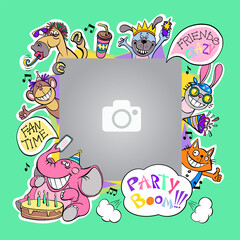 Funny colorful photo frame for baby photography. Party with friends, birthday, fun holiday. Vector illustration with isolated objects.