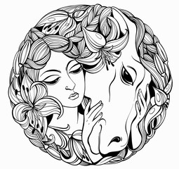 Vector romantic black and white illustration in the shape of a circle. A beautiful face of a girl who hugs a horse surrounded by flowers.
