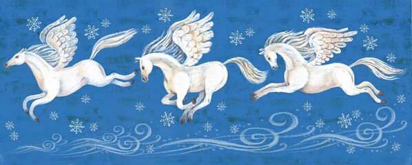 A vivid illustration of beautiful white horses flying on their wings across the night winter sky. Surrounded by blizzards and snowflakes on a blue background. Flying Pegasus, romance, inspiration, mus