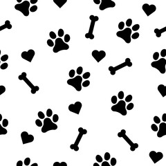 Animal seamless pattern isolated on white background. Dog paw, bone and heart symbol, vector illustration design