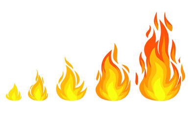 Collection of flat vector flare flames and bonfire. type of burning fire flame and hot blazing campfire illustration set