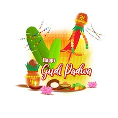 Vector illustration concept of Happy Ugadi greeting with kalasha and traditional food. Also called Gudi Padwa. South Indian New Year's Day.
