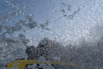 Icy flowers-glass blur of frozen window