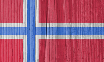 The flag of Norway on a dry wooden surface, cracked with age. Light pale faded paint. Background, wallpaper or backdrop with national symbols. Scandinavian cross. Annual rings of old wood